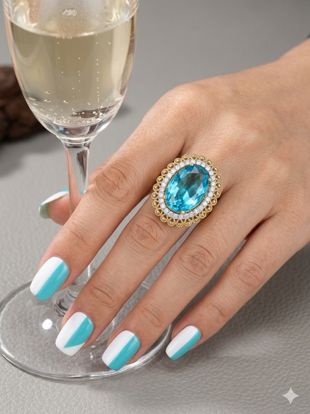 Vintage Old Money Oval Blue Topaz Cocktail Ring Coquette Glam Regency Royal